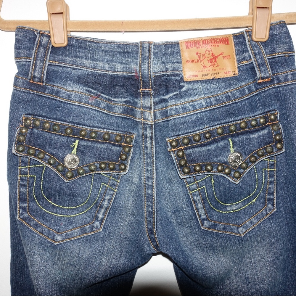 True religion dark wash straight leg jean with bead detailing